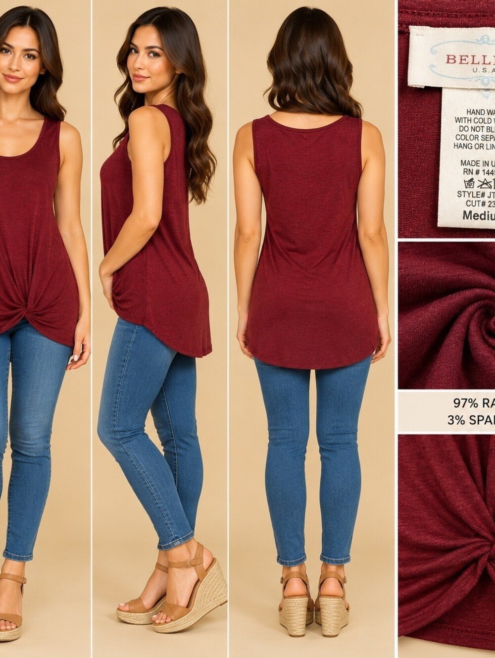Bellino USA Burgundy Knot Front Tank Top Medium